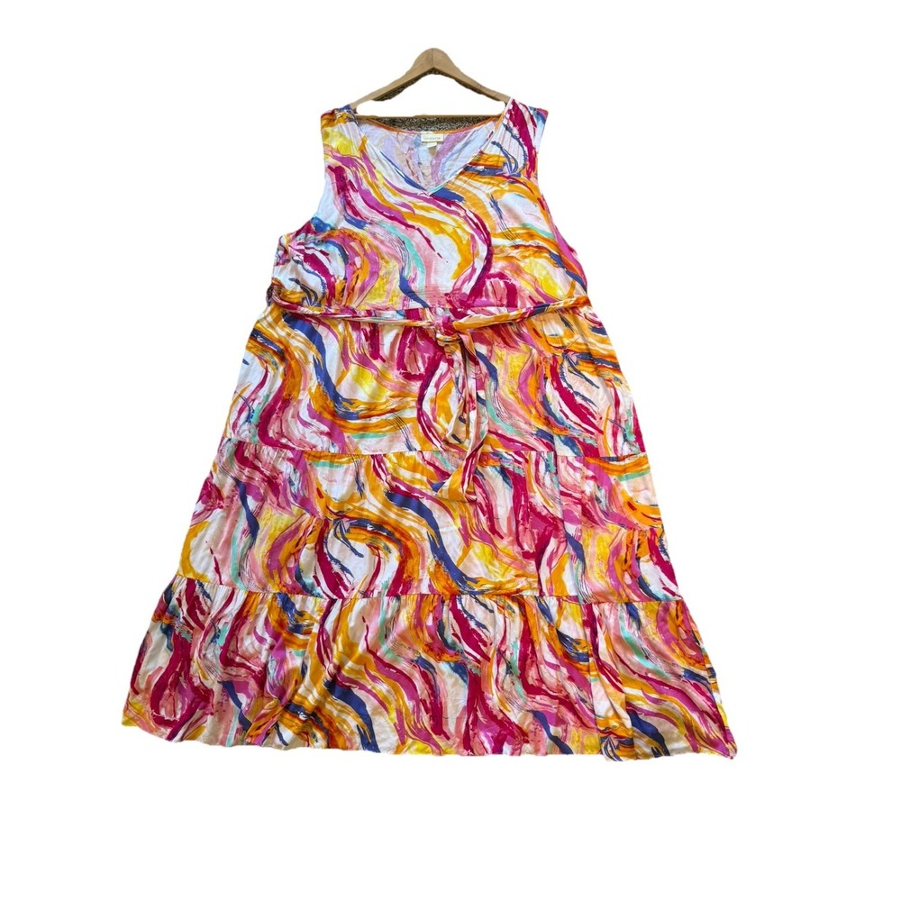 Loralette Multicolor  "Seashore Maxi" Dress Sleeveless V Neck, Belt,  Size 30/32